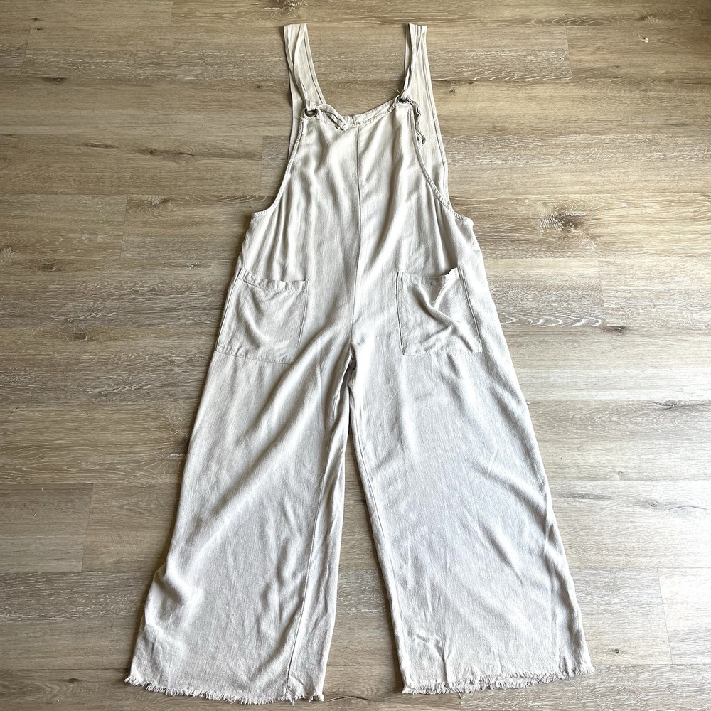 Natural Life Linen Blend Wide Leg Overalls XL Raw Hem Cropped Boho Tan***